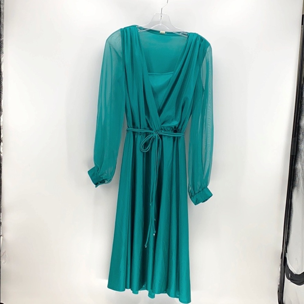 Vintage 70s dress teal green in color
